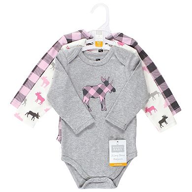 Hudson Baby Infant Girl Cotton Long-Sleeve Bodysuits, Pink Moose