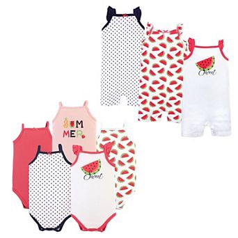 Hudson Baby Infant Girl Cotton Bodysuits and Rompers, 8 pc Watermelon, 12-18 Months