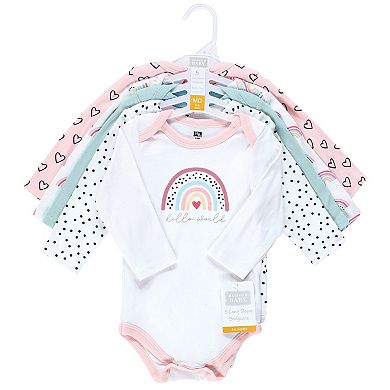 Hudson Baby Infant Girl Cotton Long-Sleeve Bodysuits, Modern Rainbow 5-Pack