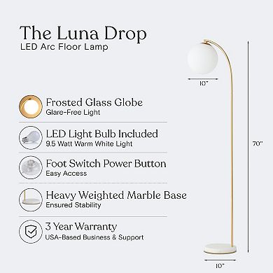 Brightech Luna Drop 75" Led Contemporary Floor Lamp With Marble Base Frosted Glass Globe