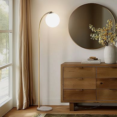Brightech Luna Drop 75" Led Contemporary Floor Lamp With Marble Base Frosted Glass Globe