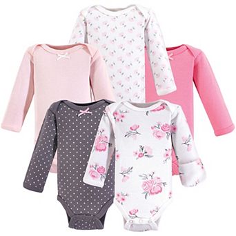 Hudson Baby Infant Girl Cotton Preemie Long-Sleeve Bodysuits 5 pk Basic Pink Floral, Preemie