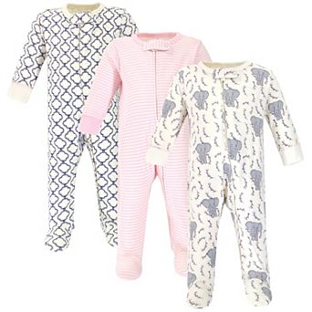 Touched by Nature Baby Girl Organic Cotton Zipper Sleep and Play 3 pk Girl Elephant