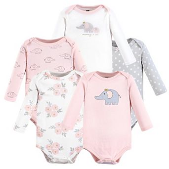 Hudson Baby Infant Girl Cotton Long-Sleeve Bodysuits, Pink Gray Elephant 5-Pack