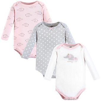 Hudson Baby Infant Girl Cotton Long-Sleeve Bodysuits, Pink Gray Elephant 3-Pack, 12-18 Months