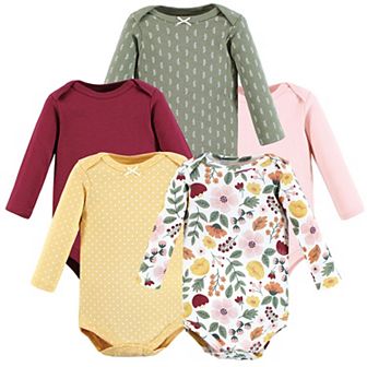 Hudson Baby Infant Girl Cotton Long-Sleeve Bodysuits, Fall Botanical 5-Pack, 3-6 Months