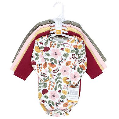 Hudson Baby Infant Girl Cotton Long-Sleeve Bodysuits, Fall Botanical 5-Pack, 3-6 Months