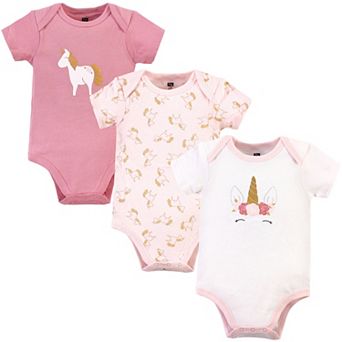 Hudson Baby Infant Girl Cotton Bodysuits 3 pk Gold Pink Unicorn, 12-18 Months