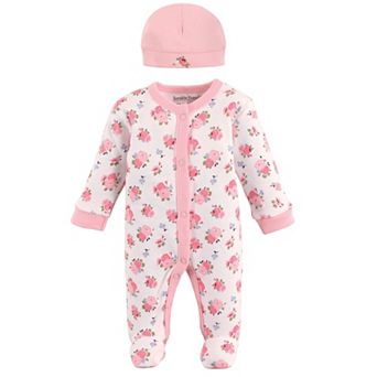 Luvable Friends Baby Girl Cotton Preemie Snap Sleep and Play and Cap 2 pc Set, Floral, Preemie