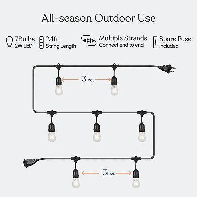 Ambience Pro Weatherproof LED Commercial Grade String Lights - 7 Bulbs, 2W, 24 Ft, 2500K