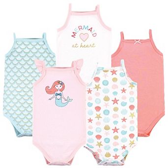 Hudson Baby Infant Girl Cotton Sleeveless Bodysuits, Coral Mint Mermaid, 0-3 Months