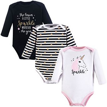 Hudson Baby Infant Girl Cotton Long-Sleeve Bodysuits 3 pk Sparkle Unicorn, 9-12 Months