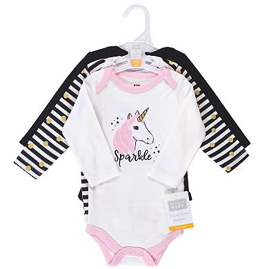 Hudson Baby Infant Girl Cotton Long-Sleeve Bodysuits 3pk, Sparkle Unicorn