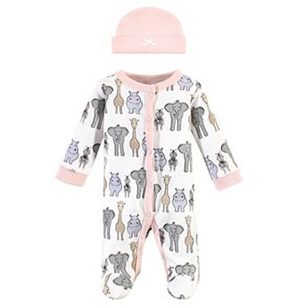 Hudson Baby Infant Girl Preemie Snap Sleep and Play and Cap 2 pc Set, Pink Safari, Preemie