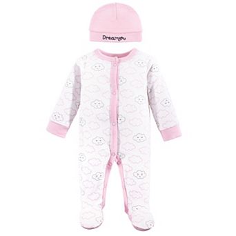Luvable Friends Baby Girl Cotton Preemie Snap Sleep and Play and Cap 2 pc Set, Girl Cloud, Preemie