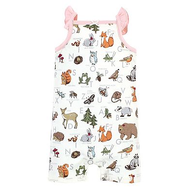 Touched by Nature Infant Girl Organic Cotton Rompers, Woodland Alphabet, 0-3 Months