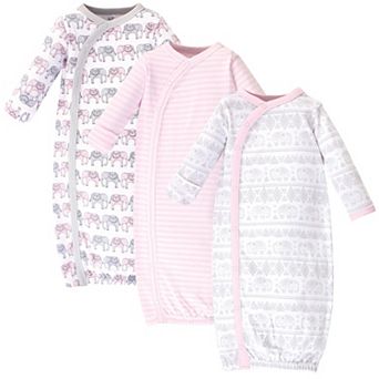 Touched by Nature Baby Girl Organic Cotton Side-Closure Snap Long-Sleeve Gowns 3 pk Pink Gray Elephant, Preemie