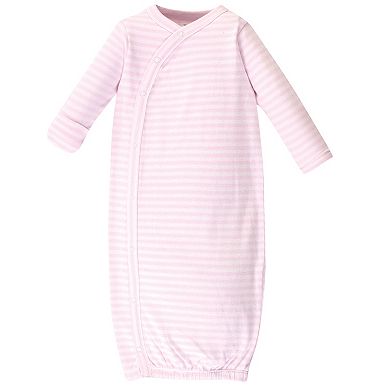 Touched by Nature Baby Girl Organic Cotton Side-Closure Snap Long-Sleeve Gowns 3pk, Pink Gray Elephant, Preemie