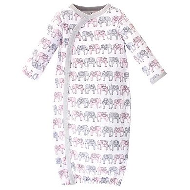 Touched by Nature Baby Girl Organic Cotton Side-Closure Snap Long-Sleeve Gowns 3pk, Pink Gray Elephant, Preemie