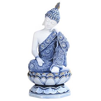 FC Design 11"H Blue and White Thai Buddha on Lotus Seat Statue Feng Shui Decoration Religious Figurine Home Room Decor