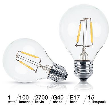 Brightech 15 Pack Bulbs - G40 Edison Bulb, 1 Watt, 2700k Soft White Hue