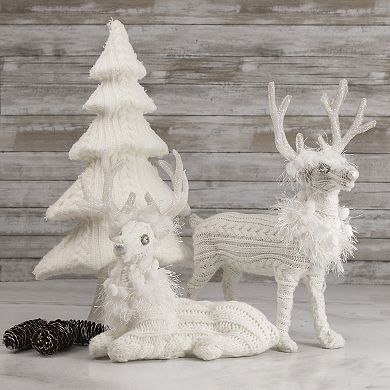 13.5" White Cable Knit Standing Reindeer Christmas Figure