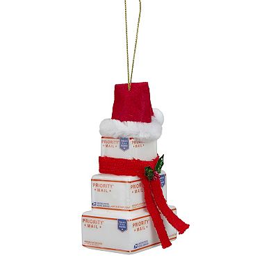 4.5" White and Red "USPS Priority Mail" Stacked Packages Santa Hat Christmas Ornament