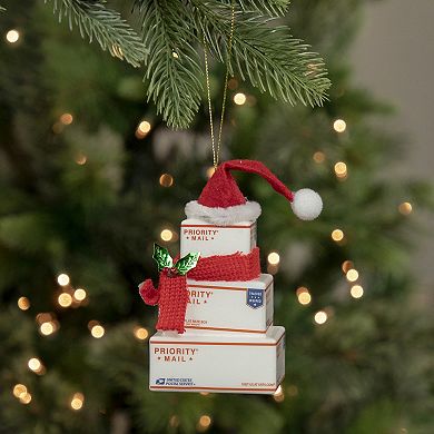 4.5" White and Red "USPS Priority Mail" Stacked Packages Santa Hat Christmas Ornament