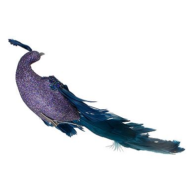 14.75" Glittered Blue and Green Peacock Christmas Clip-On Christmas Ornament