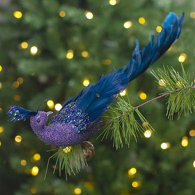 14.75" Glittered Blue and Green Peacock Christmas Clip-On Christmas Ornament
