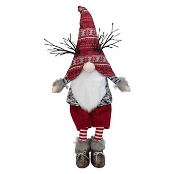 30" Red and Gray Fair Isle Sitting Gnome Christmas Figure with LED Antlers
