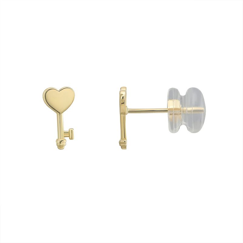 Charming Girl 14k Gold Heart Key Stud Earrings, Girls, Multicolor