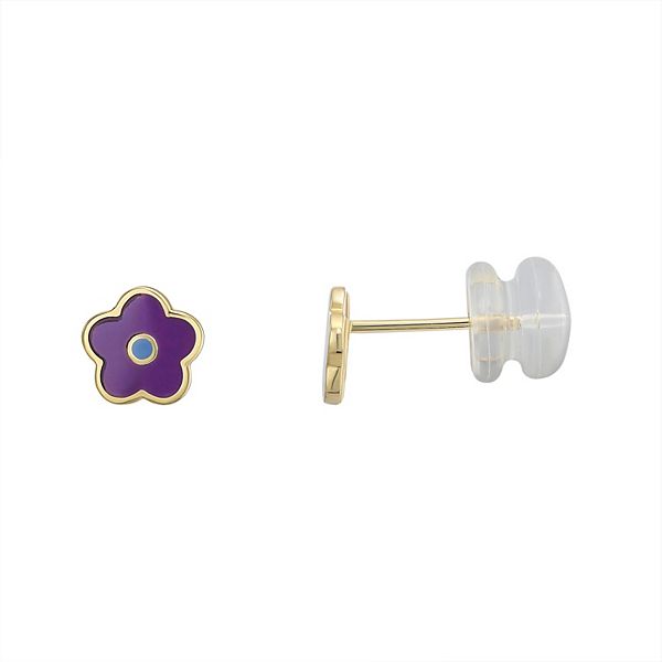 Charming Girl 14k Gold Purple & Blue Enamel Flower Stud Earrings