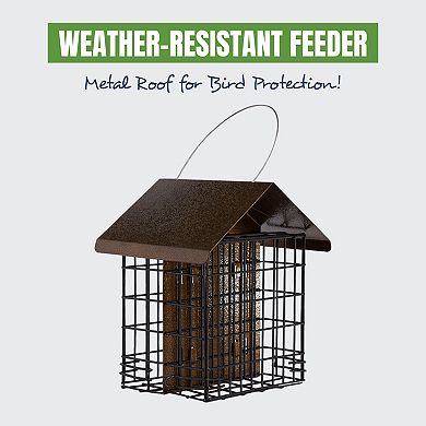 MEKKAPRO Suet Feeder with Hanging Metal Roof, Two Suet Capacity, Bird Feeder Hanger Water Resistant, Hanging Bird Feer Easily Fits 2 Suet Cakes - Wild Bird Feeder Easy to Use & Very Adaptable