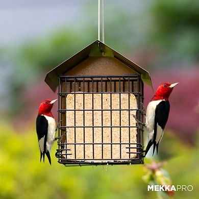 MEKKAPRO Suet Feeder with Hanging Metal Roof, Two Suet Capacity, Bird Feeder Hanger Water Resistant, Hanging Bird Feer Easily Fits 2 Suet Cakes - Wild Bird Feeder Easy to Use & Very Adaptable