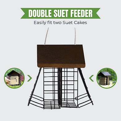 MEKKAPRO Suet Feeder with Hanging Metal Roof, Two Suet Capacity, Bird Feeder Hanger Water Resistant, Hanging Bird Feer Easily Fits 2 Suet Cakes - Wild Bird Feeder Easy to Use & Very Adaptable