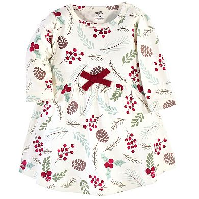 Touched by Nature Baby and Toddler Girl Organic Cotton Long-Sleeve Dresses 2pk, Holly Berry