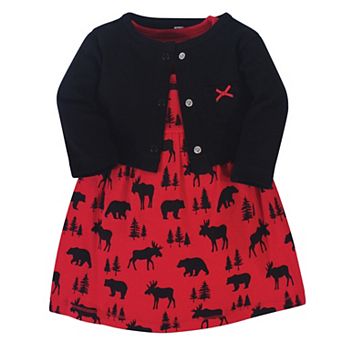 Hudson Baby Infant and Toddler Girl Cotton Dress and Cardigan 2 pc Set, Red Moose Bear