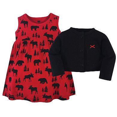 Hudson Baby Infant and Toddler Girl Cotton Dress and Cardigan 2pc Set, Red Moose Bear