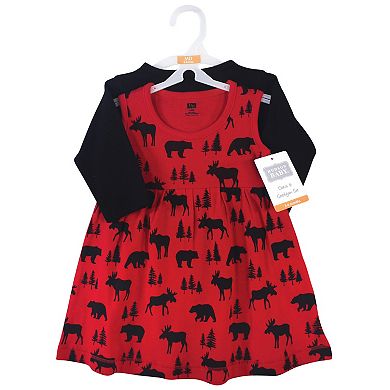 Hudson Baby Infant and Toddler Girl Cotton Dress and Cardigan 2pc Set, Red Moose Bear