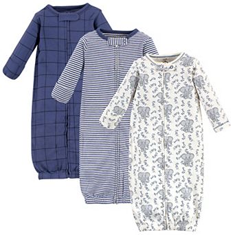 Touched by Nature Baby Boy Organic Cotton Zipper Long-Sleeve Gowns 3 pk Elephant