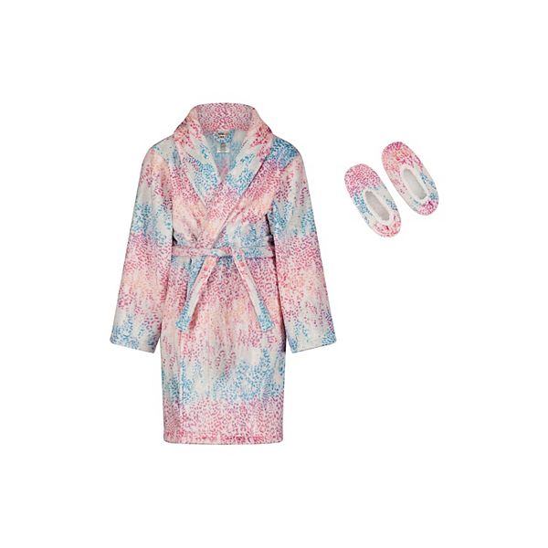 Sleep On It Girls Leopard Plush Fleece Shawl Collar Robe with Matching