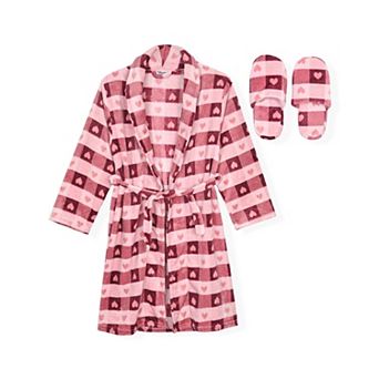 Sleep On It Girls Plush Flannel Fleece Collar Robe with Slippers