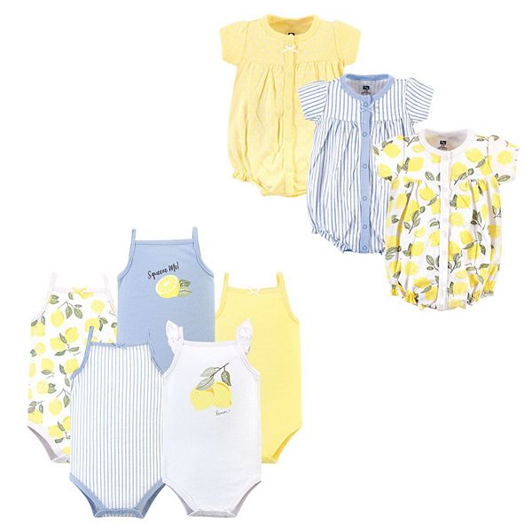 Hudson Baby Infant Girl Cotton Bodysuits and Rompers, 8Piece, Yellow Lemon