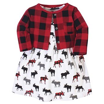 Hudson Baby Infant and Toddler Girl Cotton Dress and Cardigan 2 pc Set, Buffalo Plaid Moose