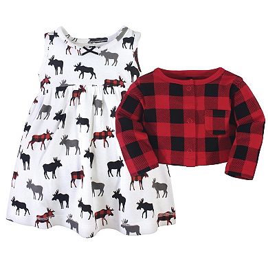 Hudson Baby Infant and Toddler Girl Cotton Dress and Cardigan 2pc Set, Buffalo Plaid Moose