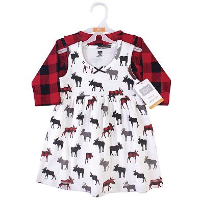 Hudson Baby Infant and Toddler Girl Cotton Dress and Cardigan 2pc Set, Buffalo Plaid Moose