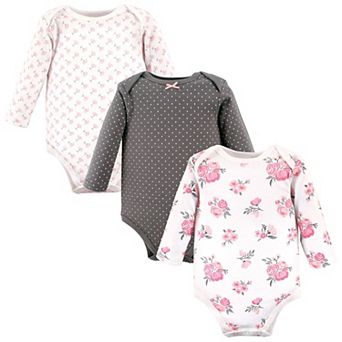 Hudson Baby Infant Girl Cotton Long-Sleeve Bodysuits, Basic Pink Floral