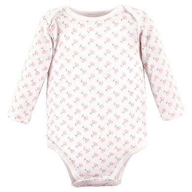 Hudson Baby Infant Girl Cotton Long-Sleeve Bodysuits, Basic Pink Floral