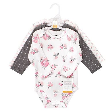 Hudson Baby Infant Girl Cotton Long-Sleeve Bodysuits, Basic Pink Floral
